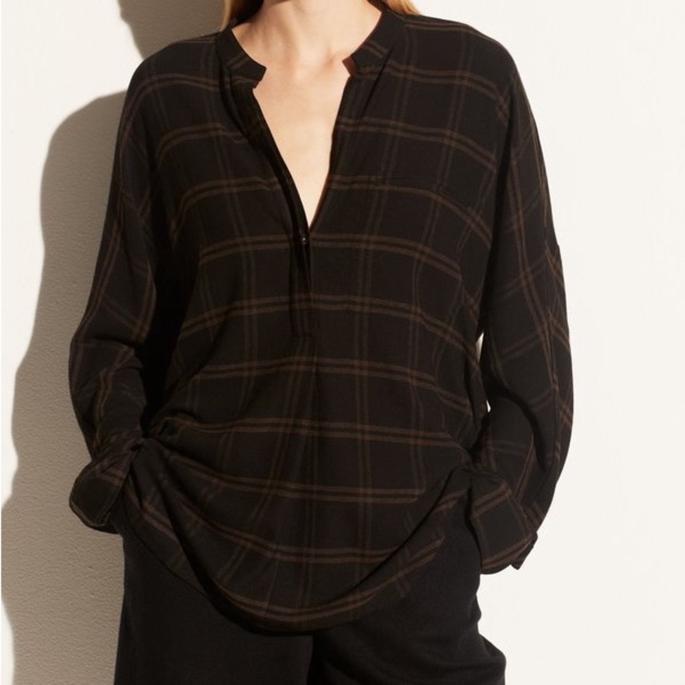 Vince Shadow Plaid Band Collar Pullover